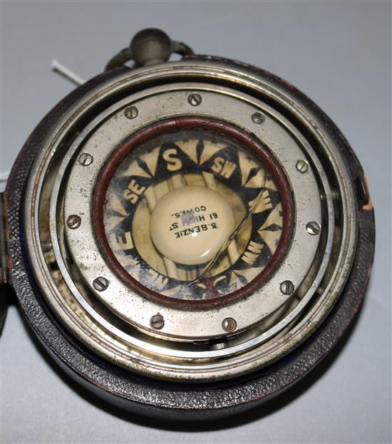 A cased compass retailed by Benzie, Isle of Wight